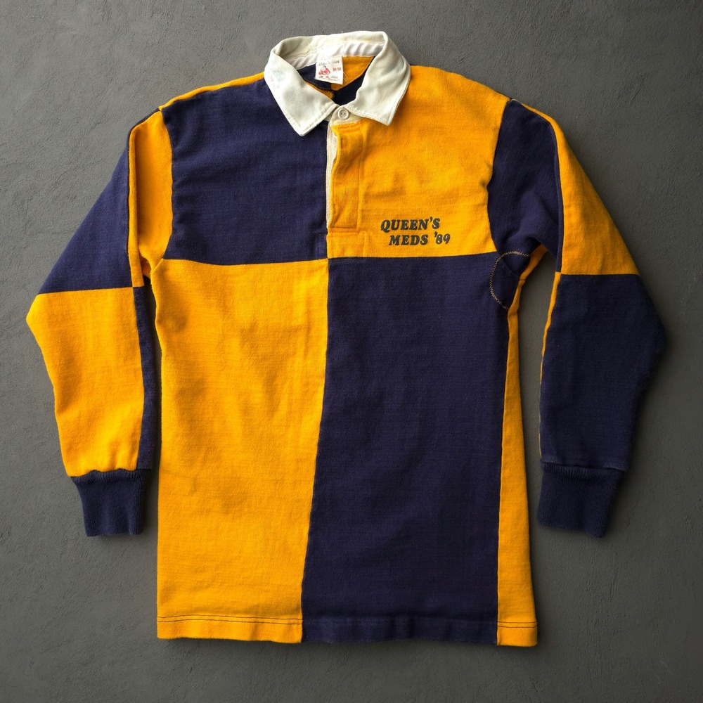 Vintage 80s Rugby Shirt Medium Blue Yellow Queen's Meds '89 Barbarian
